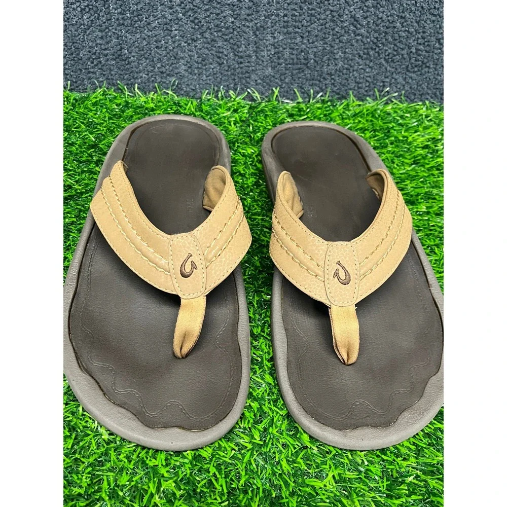 OluKai Hokua Mens Flip Flop Sandals Tan Brown 10161-3434 Size 13 US EUR 46